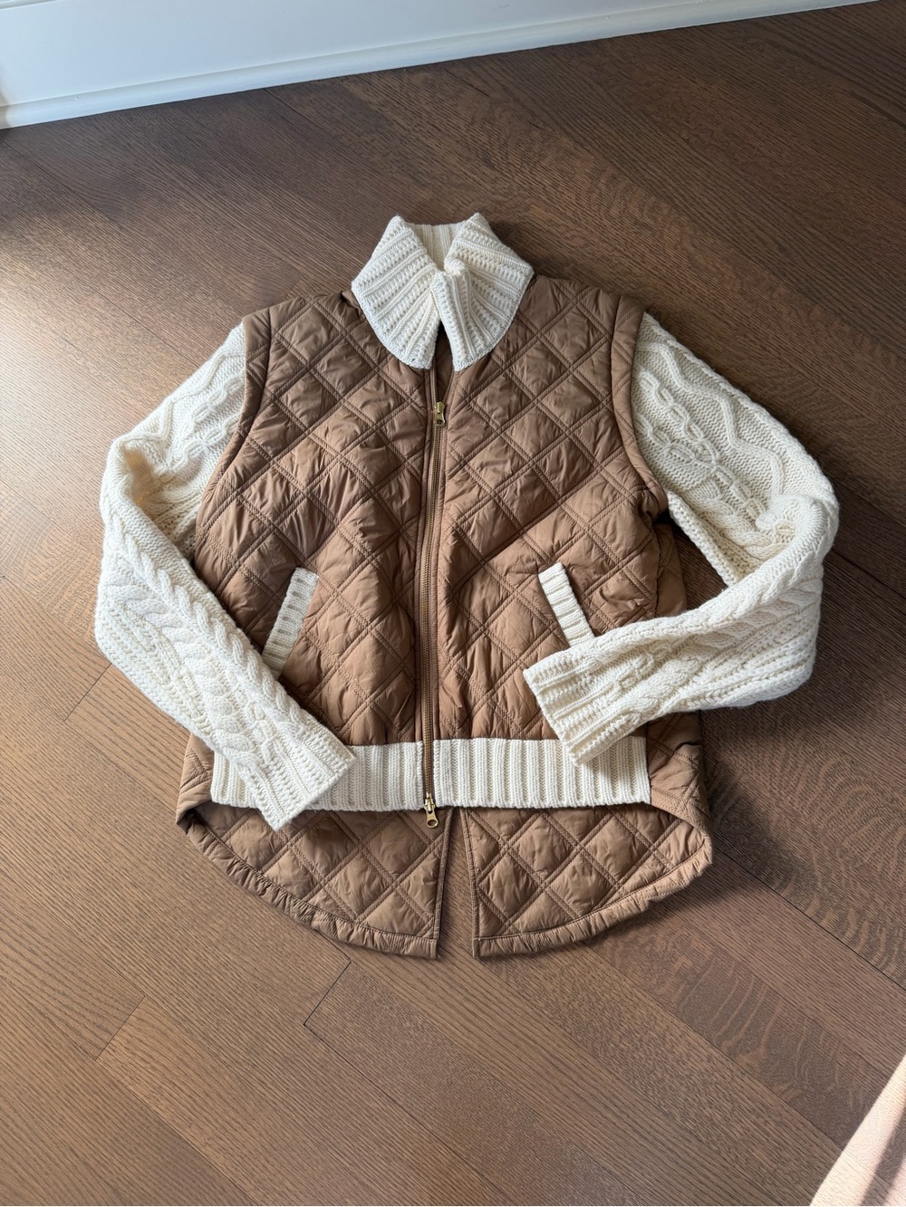 Veronica Beard Petra Tan Quilted Body with Cream Cable-Knit Sleeves Jacket - Picture 2 of 5